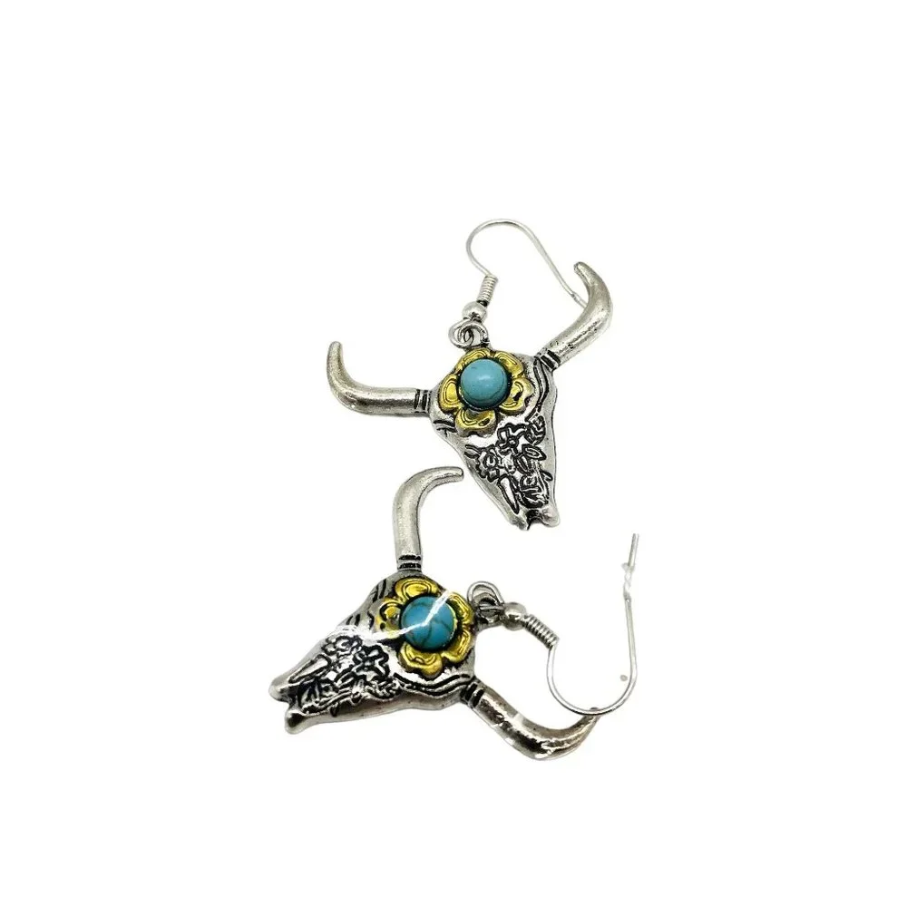 Steer Head Earrings Silver and Faux Turquoise